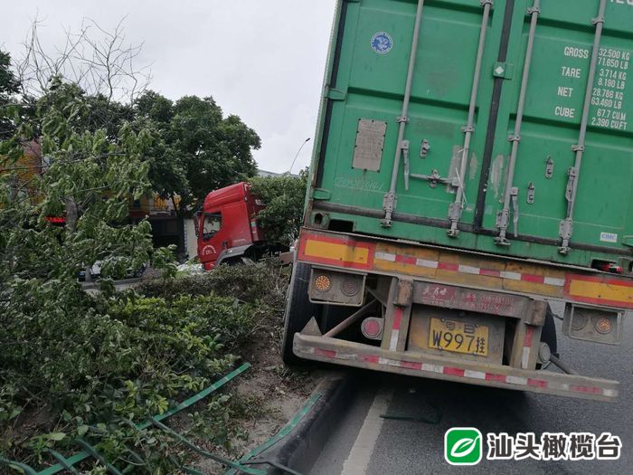 惊险！昨天汕樟路一辆集装箱货车冲上中间绿化带，为避突然闯出的摩托