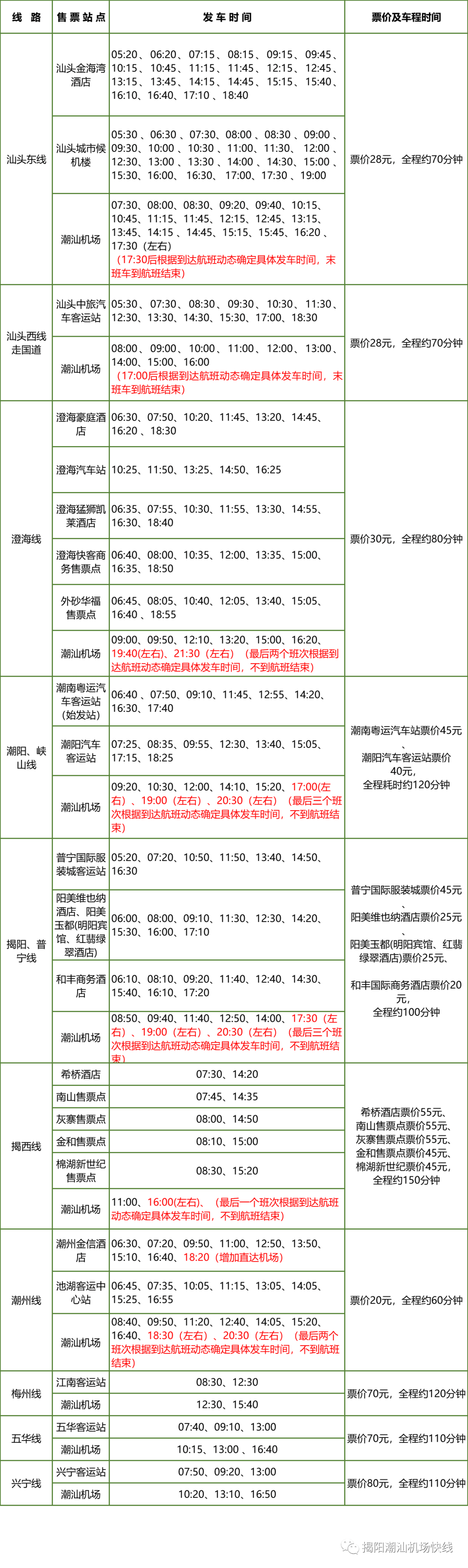 潮汕机场快线时刻表（2020年8月15日起执行）
