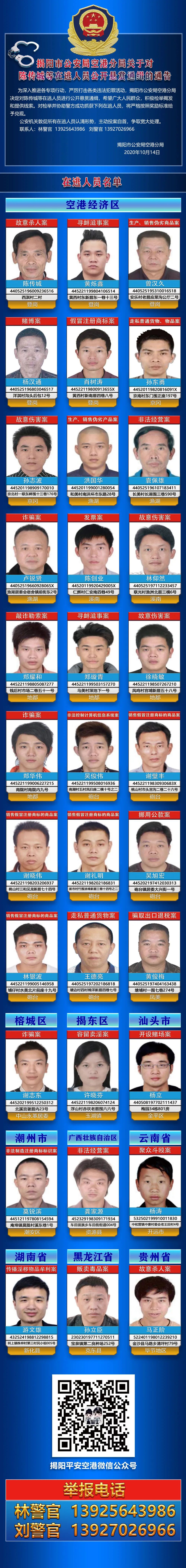 揭阳市公安局空港分局关于对陈传城等在逃人员公开悬赏通缉的通告